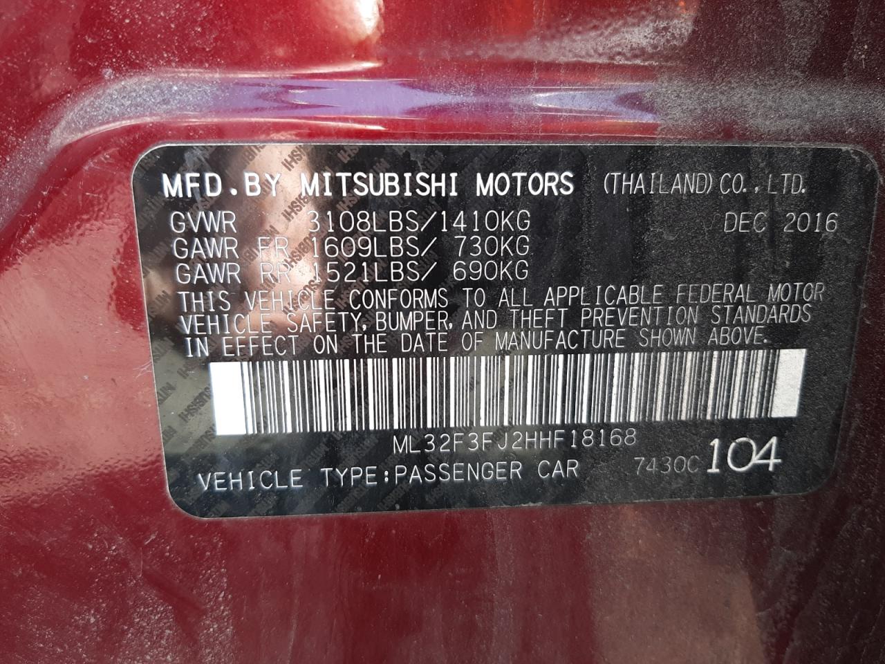 Photo 10 from auction – 2017 MITSUBISHI MIRAGE G4 with VIN ML32F3FJ2HHF18168