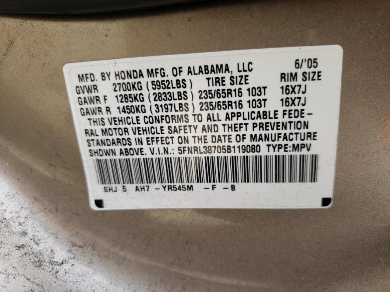 Photo 10 from auction – 2005 HONDA ODYSSEY EX with VIN 5FNRL38705B119080
