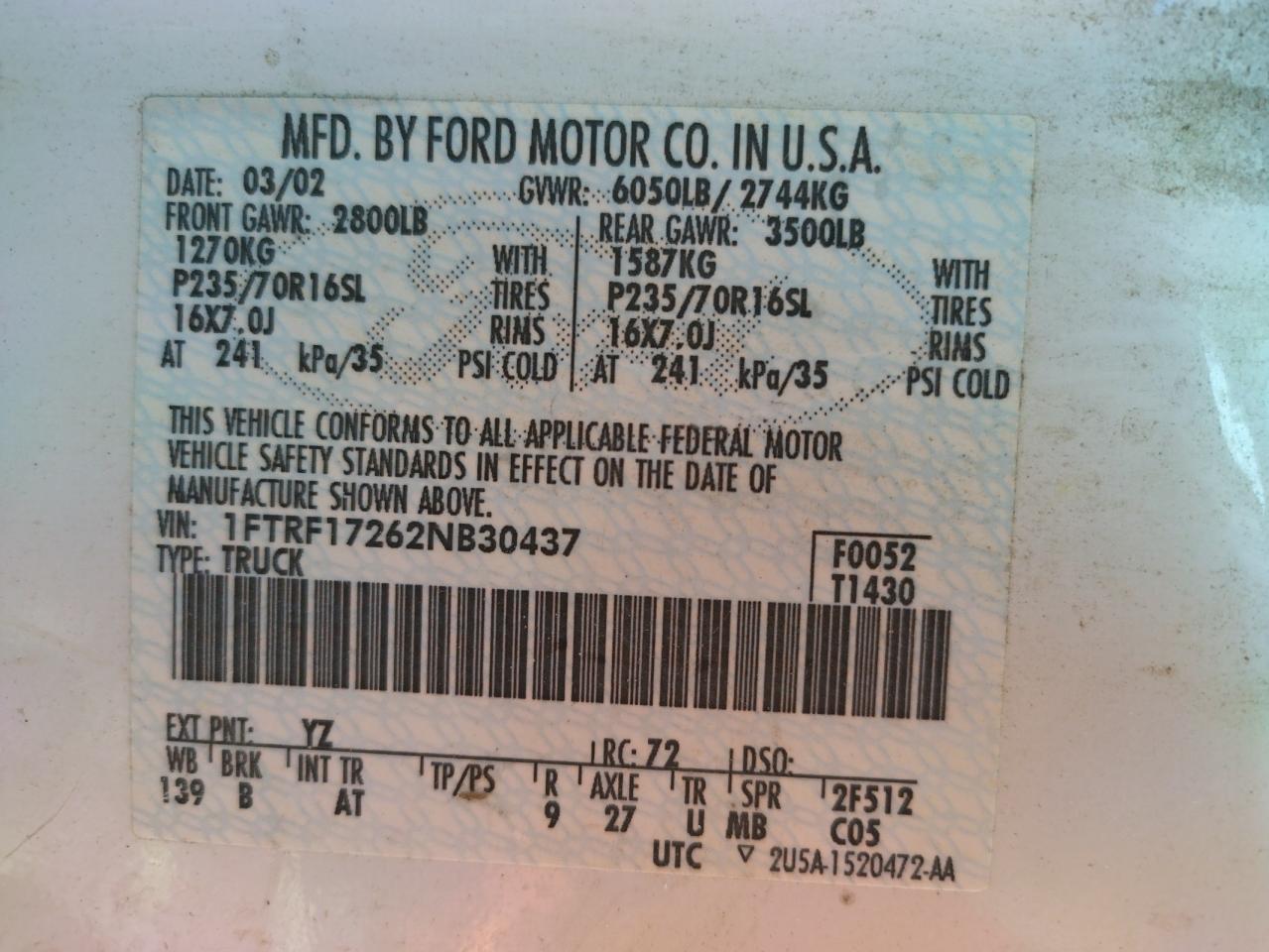 Photo 10 from auction – 2002 FORD F150 with VIN 1FTRF17262NB30437