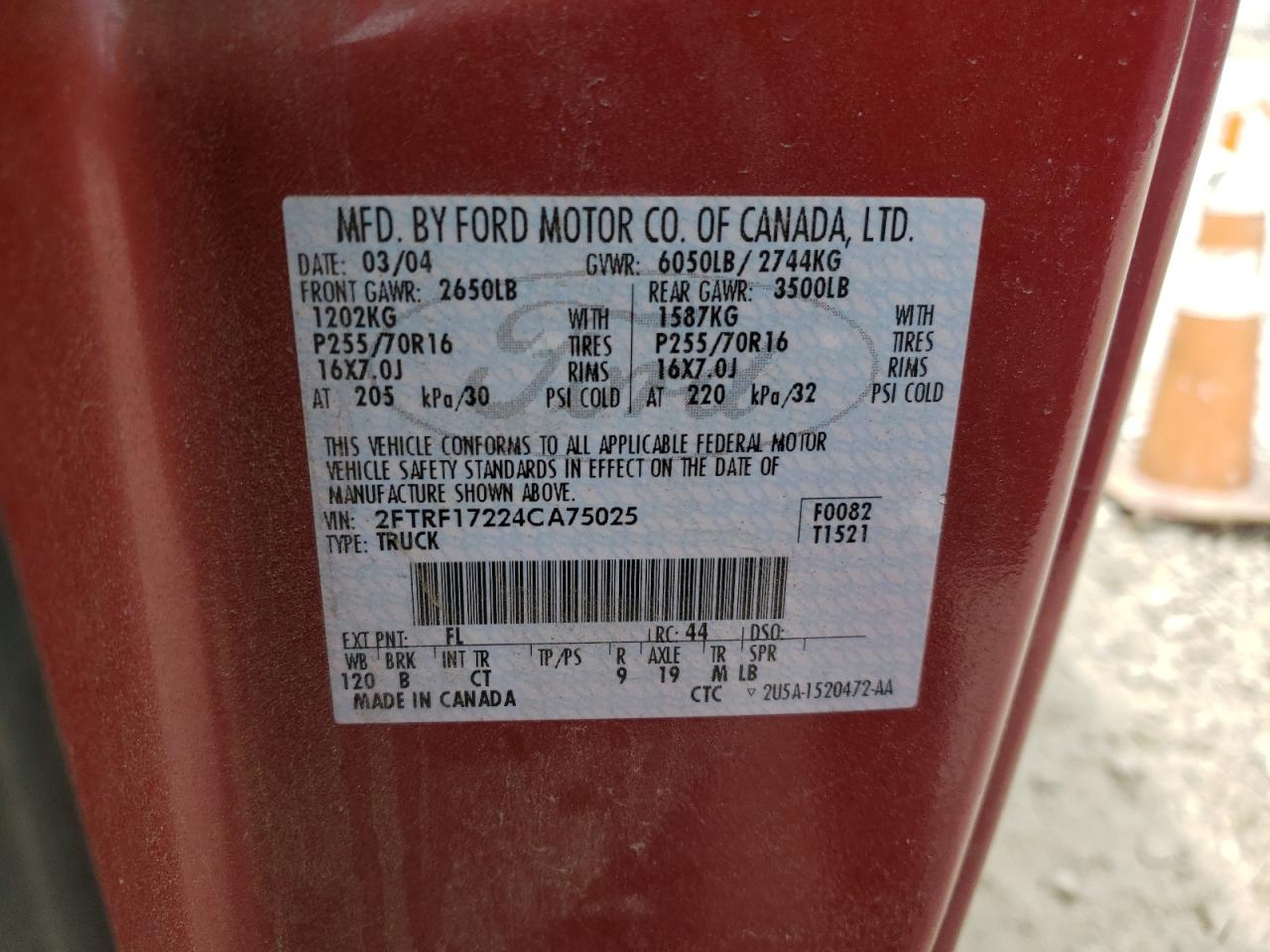 Photo 10 from auction – 2004 FORD F-150 HERI with VIN 2FTRF17224CA75025