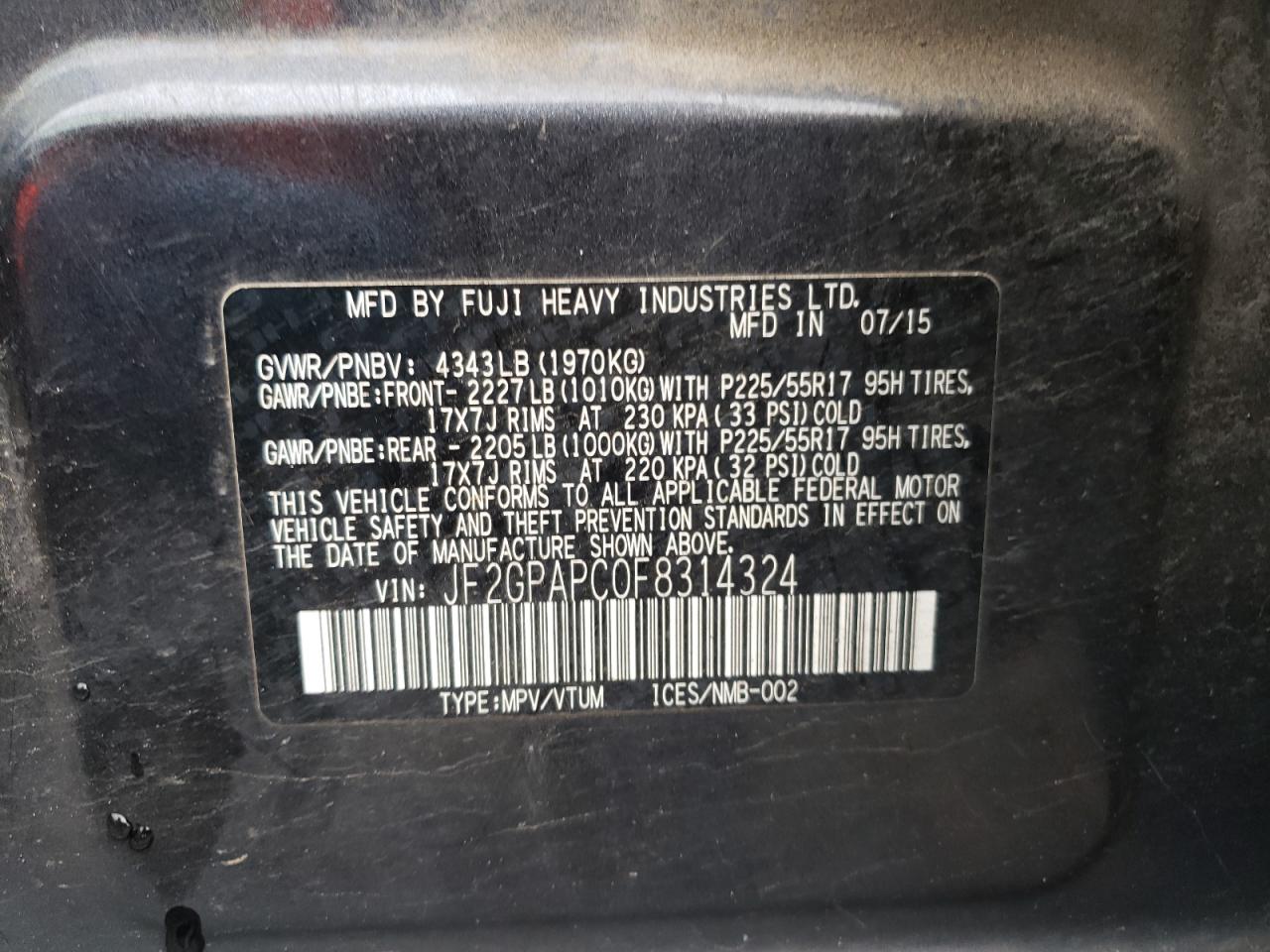 Photo 10 from auction – 2015 SUBARU XV CROSSTR with VIN JF2GPAPC0F8314324