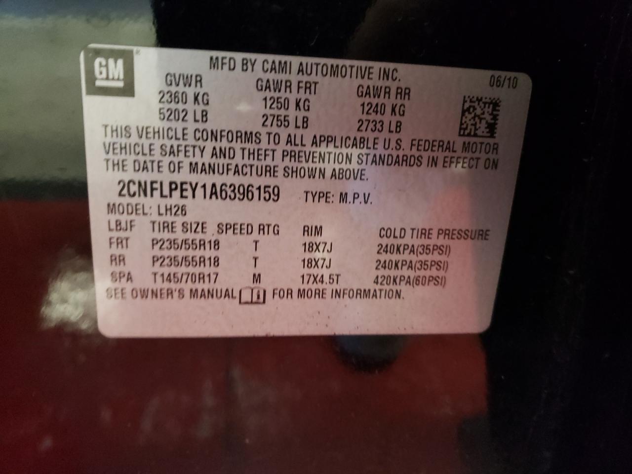 Photo 10 from auction – 2010 CHEVROLET EQUINOX LT with VIN 2CNFLPEY1A6396159