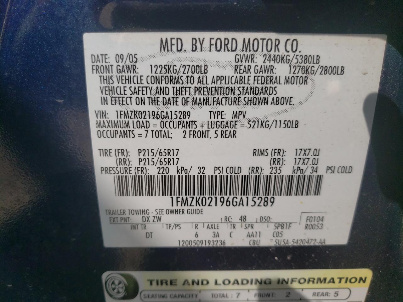 Photo 10 from auction – 2006 FORD FREESTYLE with VIN 1FMZK02196GA15289