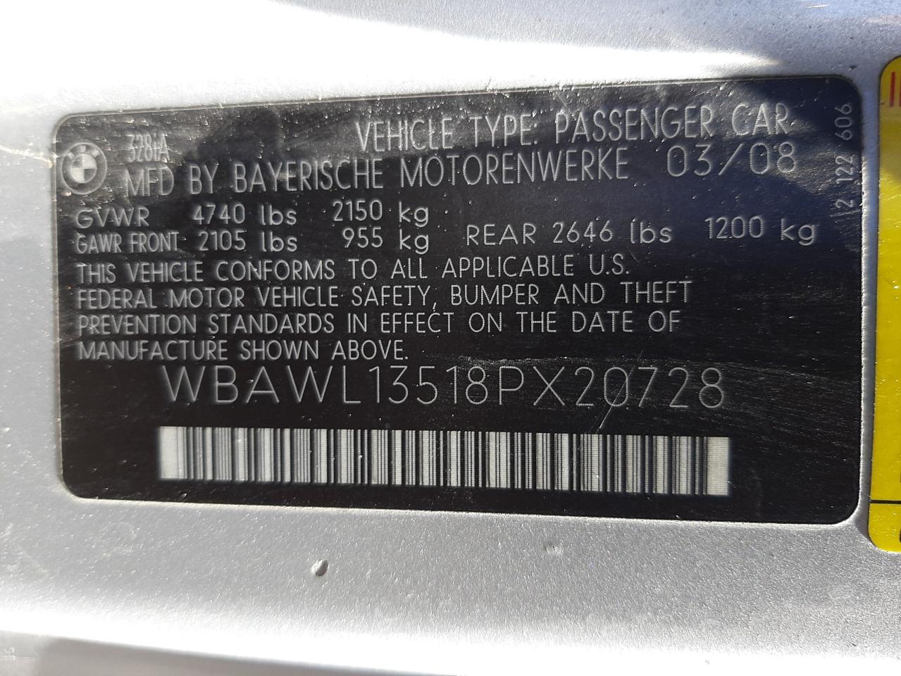 Photo 10 from auction – 2008 BMW 328 I with VIN WBAWL13518PX20728