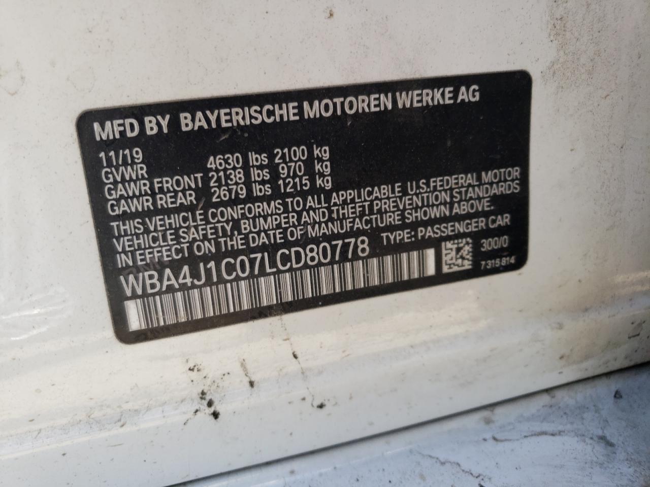 Photo 10 from auction – 2020 BMW 430I GRAN with VIN WBA4J1C07LCD80778