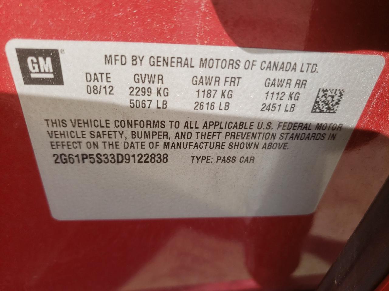 Photo 10 from auction – 2013 CADILLAC XTS LUXURY with VIN 2G61P5S33D9122838