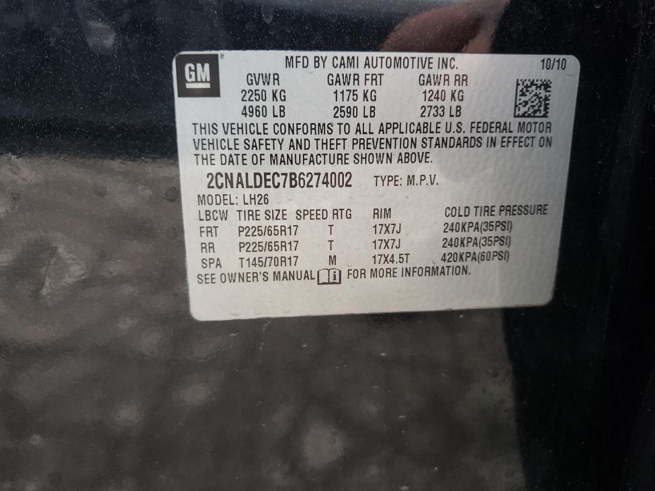 Photo 10 from auction – 2011 CHEVROLET EQUINOX LT with VIN 2CNALDEC7B6274002
