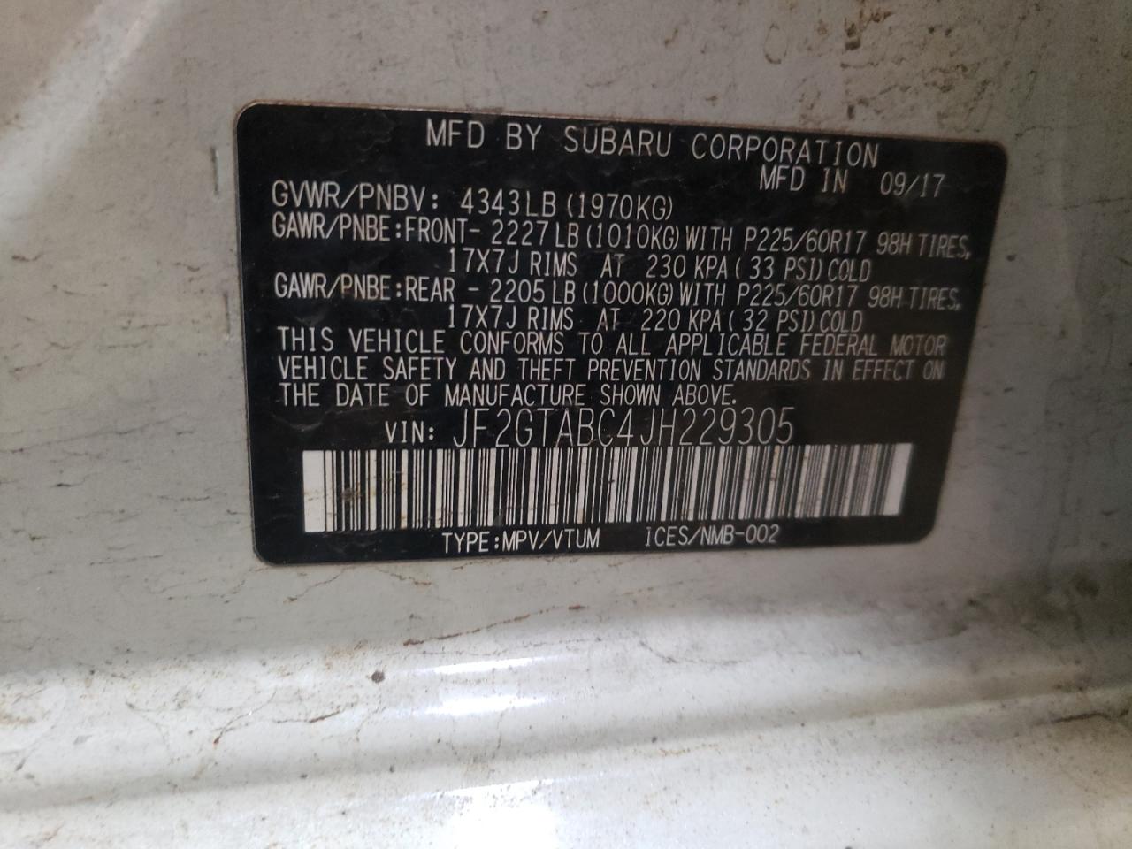 Photo 10 from auction – 2018 SUBARU CROSSTREK with VIN JF2GTABC4JH229305