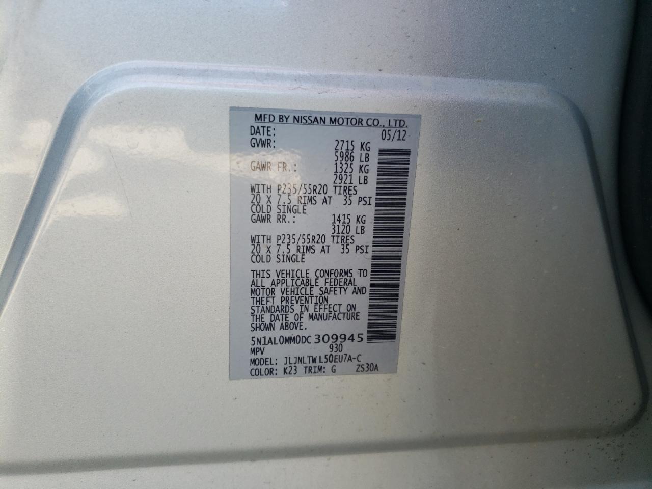 Photo 10 from auction – 2013 INFINITI JX35 with VIN 5N1AL0MM0DC309945