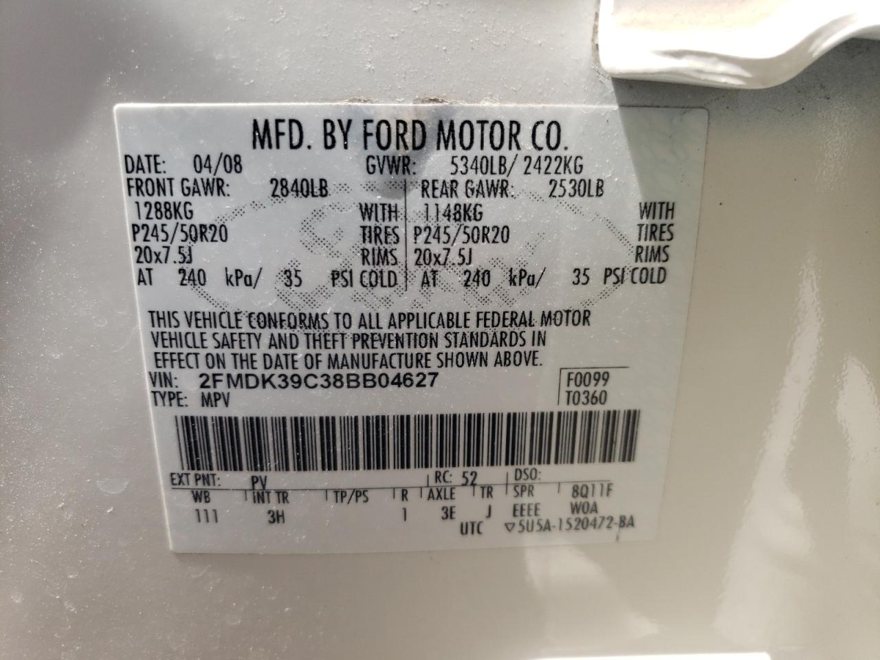 Photo 10 from auction – 2008 FORD EDGE LIMIT with VIN 2FMDK39C38BB04627