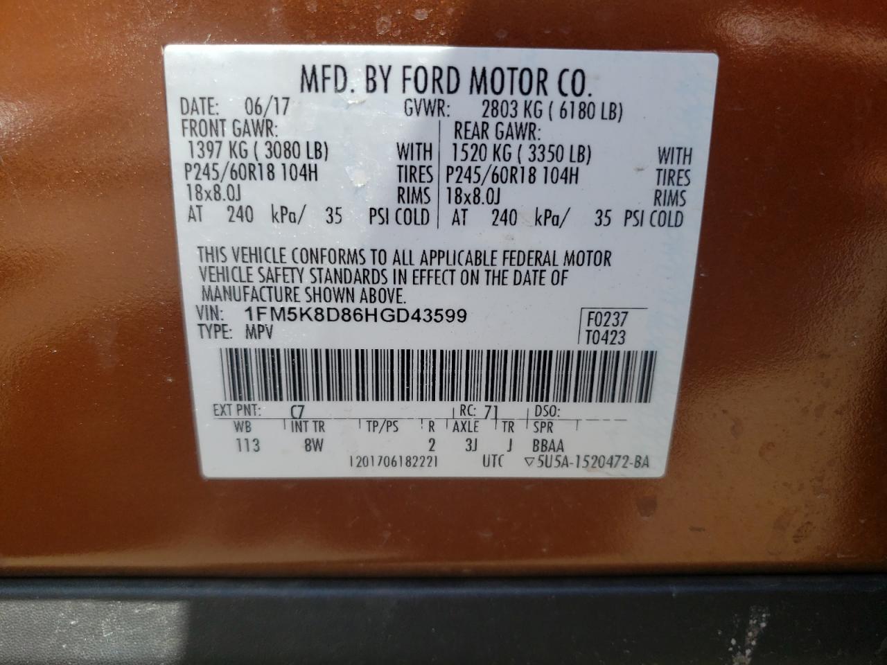 Photo 10 from auction – 2017 FORD EXPLORER X with VIN 1FM5K8D86HGD43599