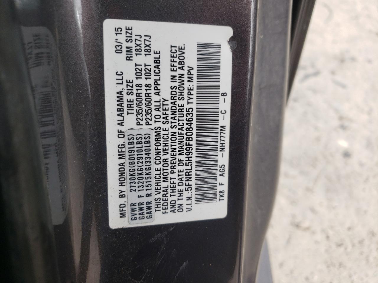 Zdjęcie 10 z aukcji – 2015 HONDA ODYSSEY TO z VIN 5FNRL5H99FB084635