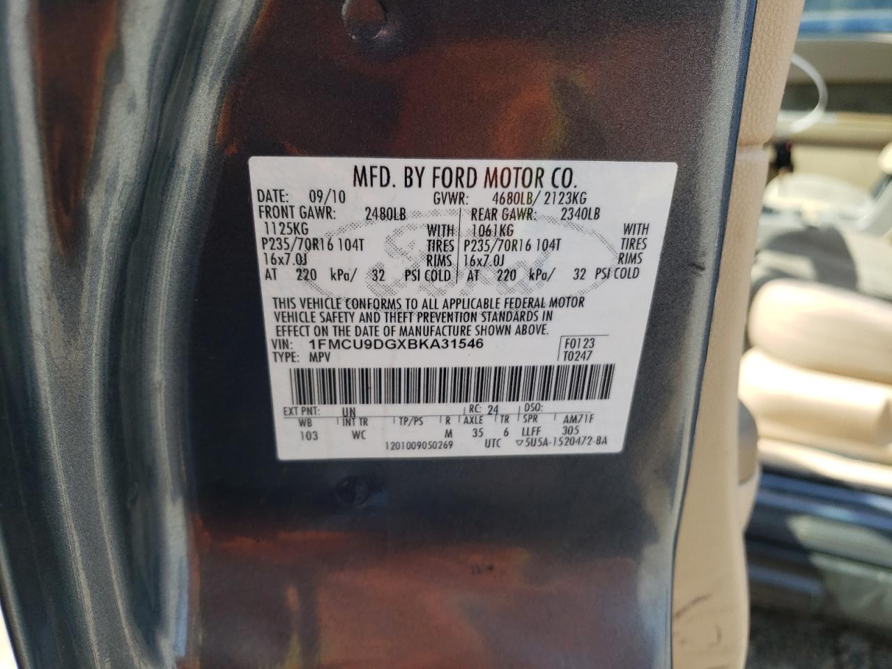 Photo 10 from auction – 2011 FORD ESCAPE with VIN 1FMCU9DGXBKA31546