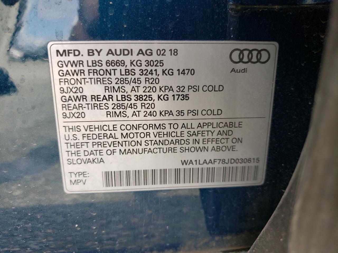 Photo 10 from auction – 2018 AUDI Q7 PREMIUM with VIN WA1LAAF78JD030615