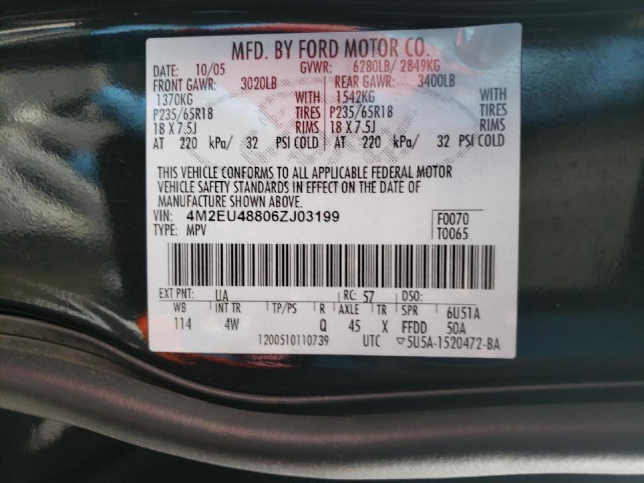 Photo 10 from auction – 2006 MERCURY MOUNTAINEE with VIN 4M2EU48806ZJ03199