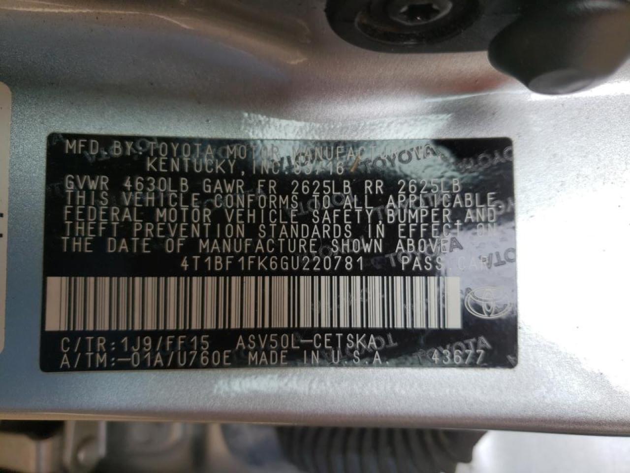 Photo 10 from auction – 2016 TOYOTA CAMRY LE with VIN 4T1BF1FK6GU220781