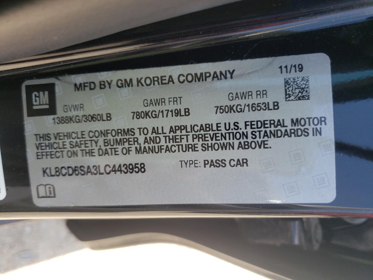 Photo 10 from auction – 2020 CHEVROLET SPARK 1LT with VIN KL8CD6SA3LC443958