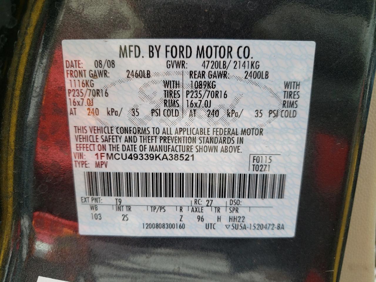 Photo 10 from auction – 2009 FORD ESCAPE with VIN 1FMCU49339KA38521