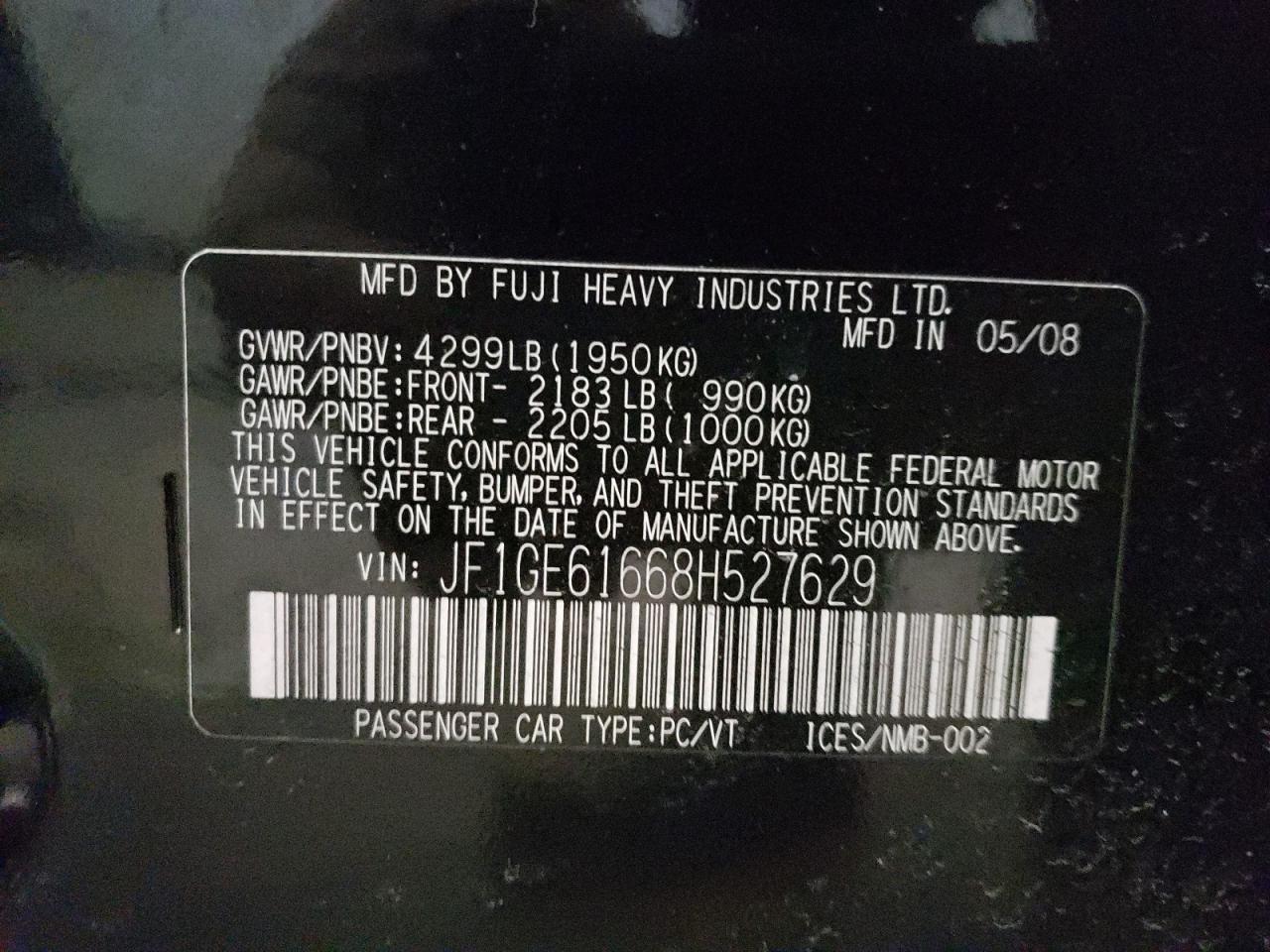 Photo 10 from auction – 2008 SUBARU IMPREZA 2. with VIN JF1GE61668H527629