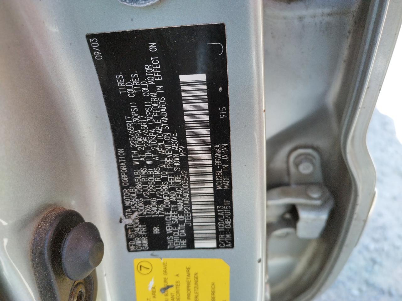 Photo 10 from auction – 2004 TOYOTA HIGHLANDER with VIN JTEEP21A840003542