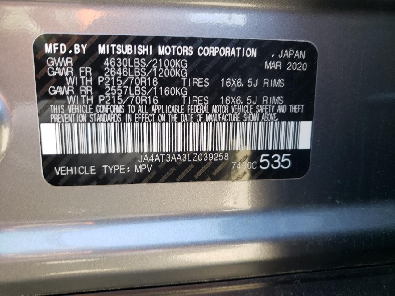 Photo 10 from auction – 2020 MITSUBISHI ECLIPSE CR with VIN JA4AT3AA3LZ039258