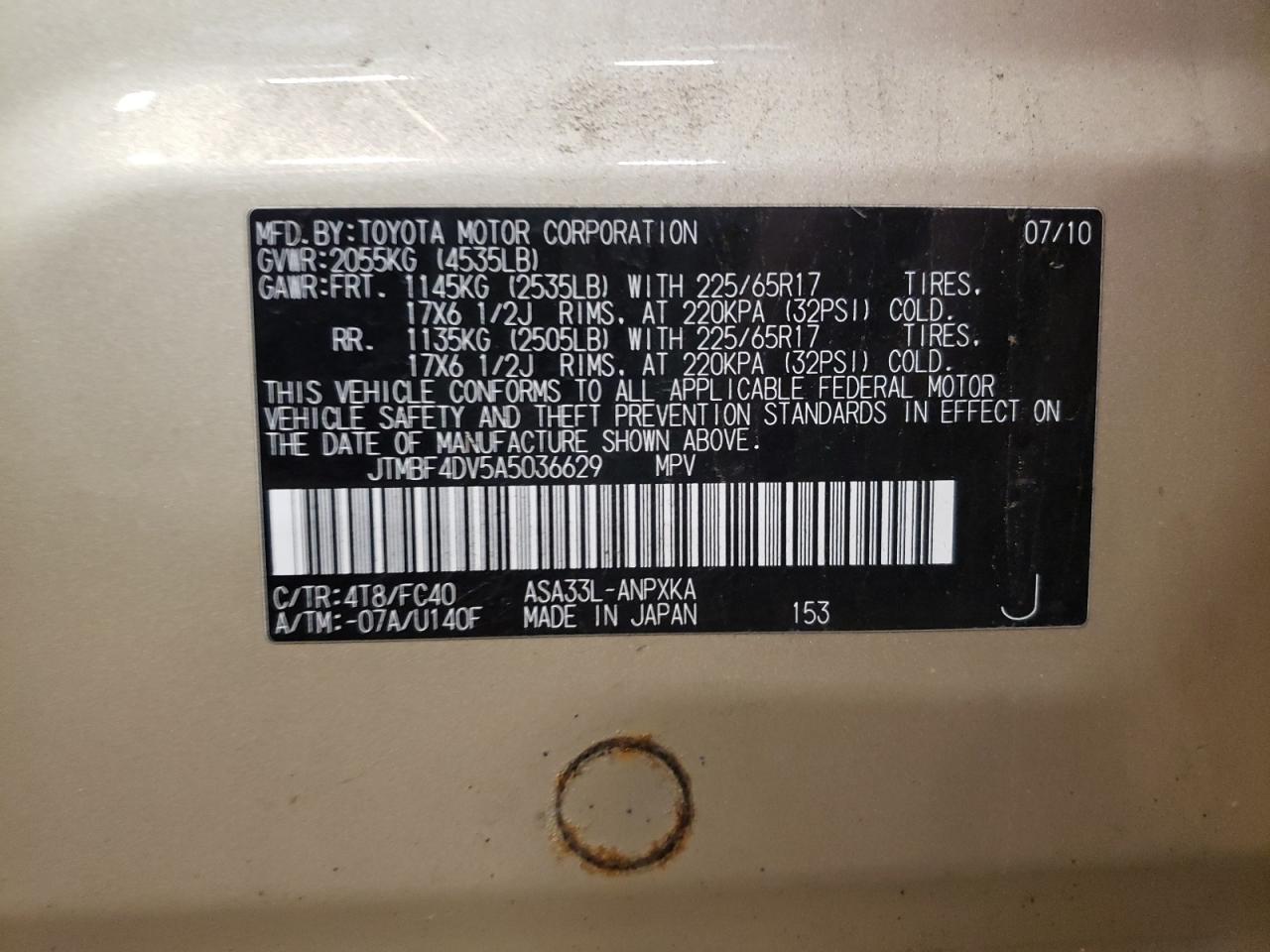 Photo 10 from auction – 2010 TOYOTA RAV4 with VIN JTMBF4DV5A5036629