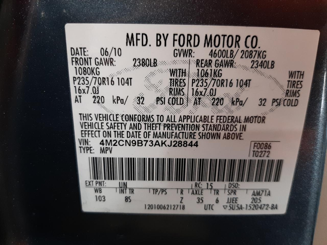 Zdjęcie 10 z aukcji – 2010 MERCURY MARINER z VIN 4M2CN9B73AKJ28844
