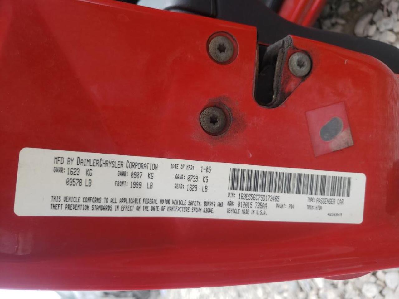 Photo 10 from auction – 2005 DODGE NEON SXT with VIN 1B3ES56C75D173465