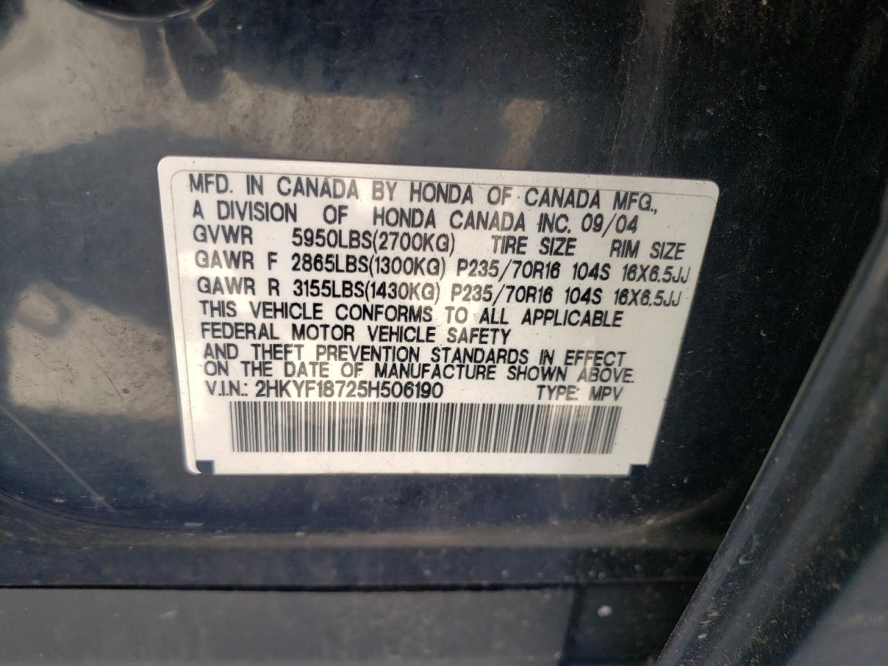Photo 10 from auction – 2005 HONDA PILOT EXL with VIN 2HKYF18725H506190