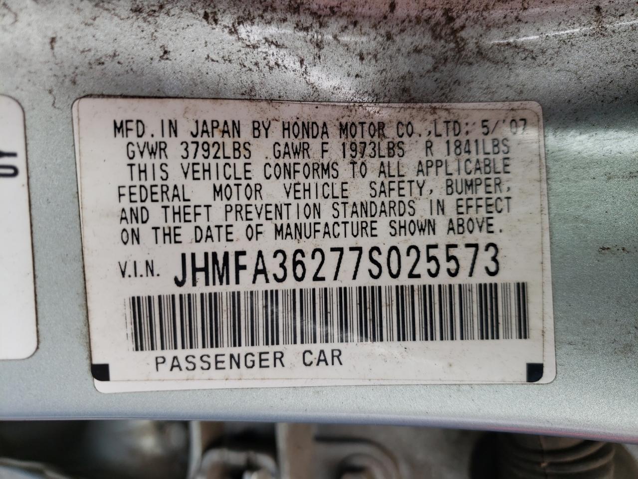 Photo 10 from auction – 2007 HONDA CIVIC HYBR with VIN JHMFA36277S025573