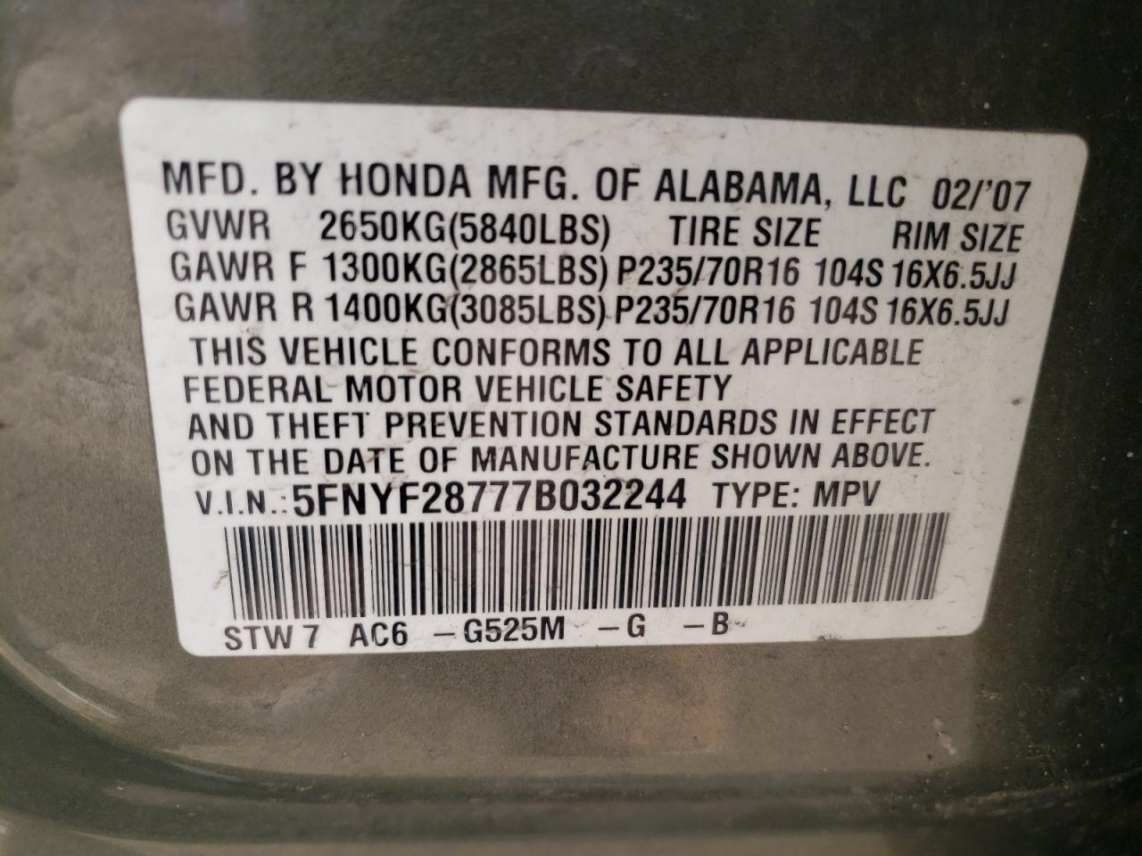 Photo 10 from auction – 2007 HONDA PILOT EXL with VIN 5FNYF28777B032244