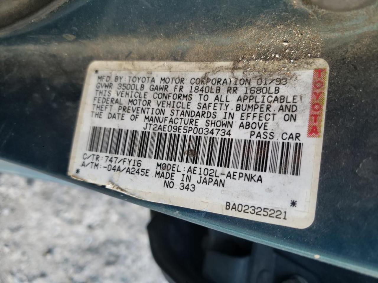 Photo 10 from auction – 1993 TOYOTA COROLLA LE with VIN JT2AE09E5P0034734