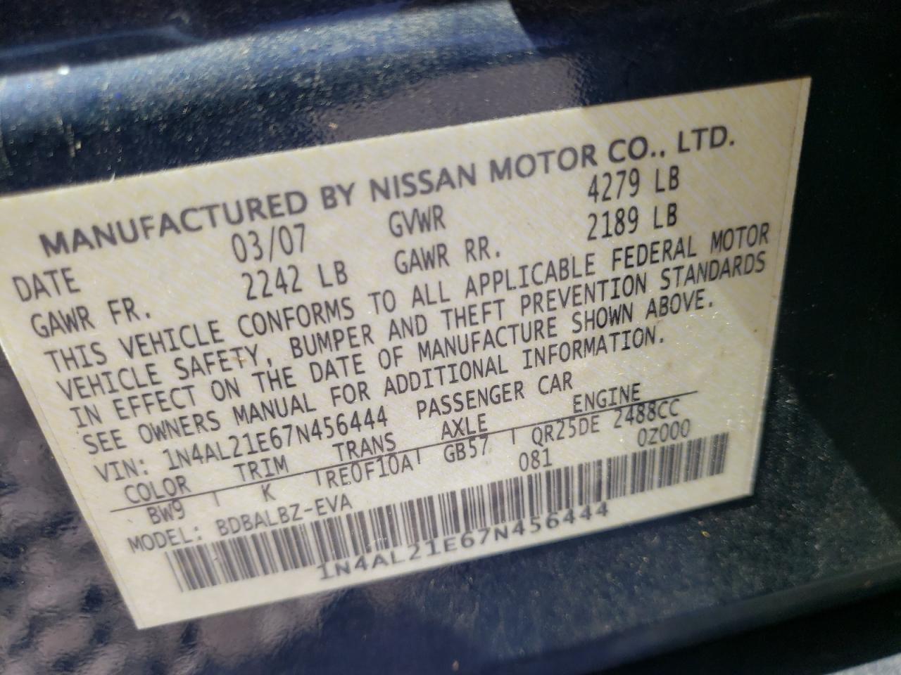 Photo 10 from auction – 2007 NISSAN ALTIMA 2.5 with VIN 1N4AL21E67N456444