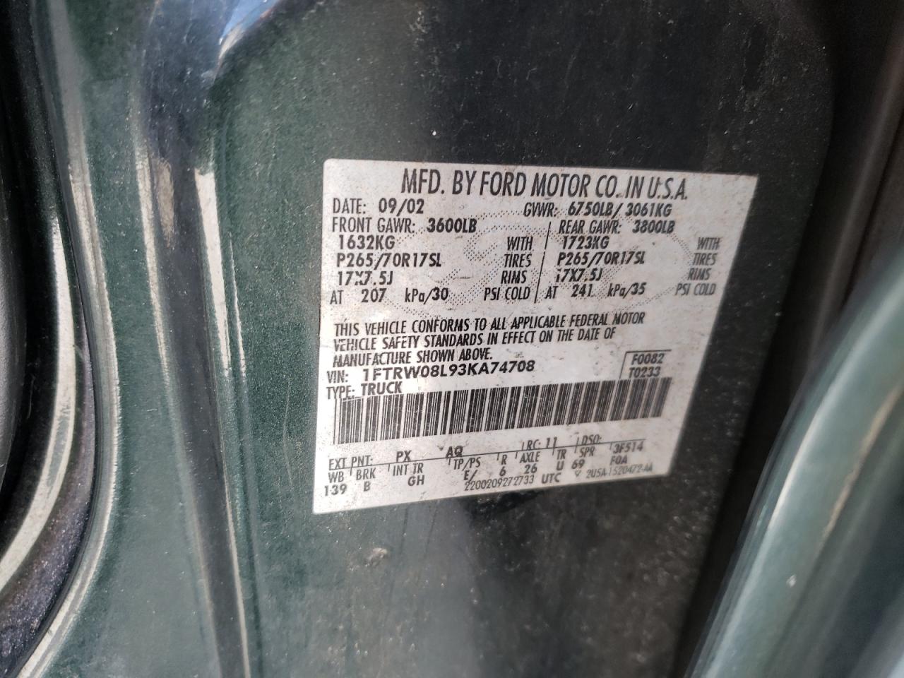 Photo 10 from auction – 2003 FORD F150 SUPER with VIN 1FTRW08L93KA74708