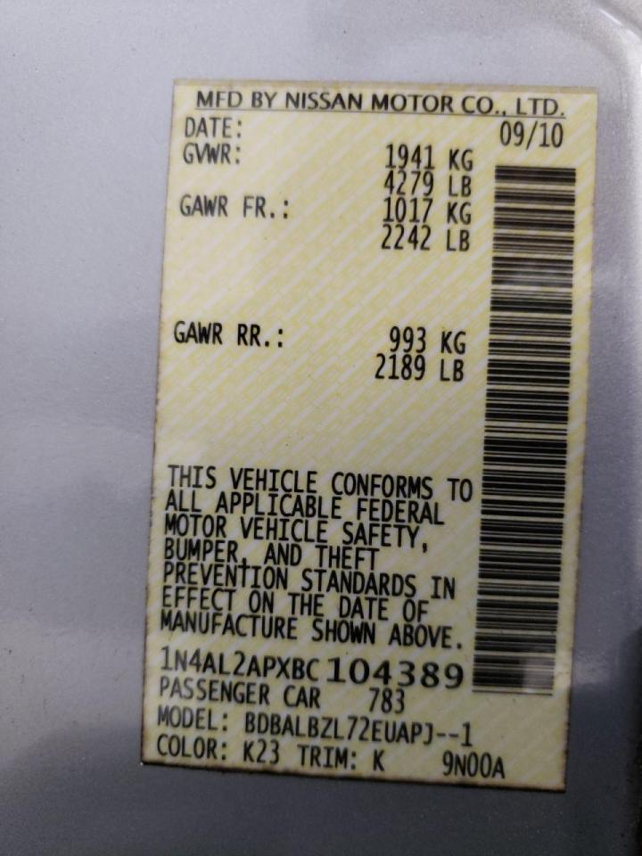 Photo 10 from auction – 2011 NISSAN ALTIMA BAS with VIN 1N4AL2APXBC104389