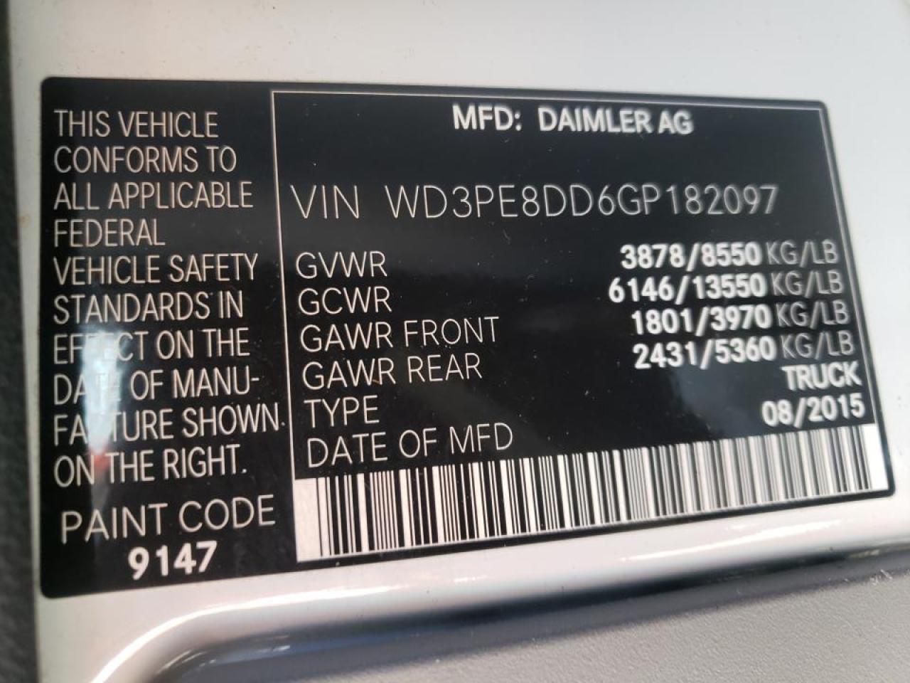 Photo 10 from auction – 2016 MERCEDES-BENZ SPRINTER 2 with VIN WD3PE8DD6GP182097