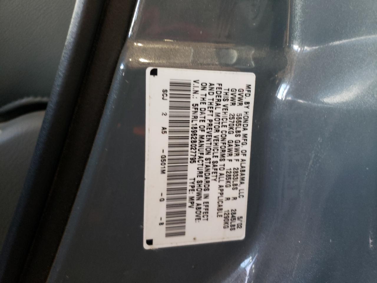 Photo 10 from auction – 2002 HONDA ODYSSEY EX with VIN 5FNRL18962B027795