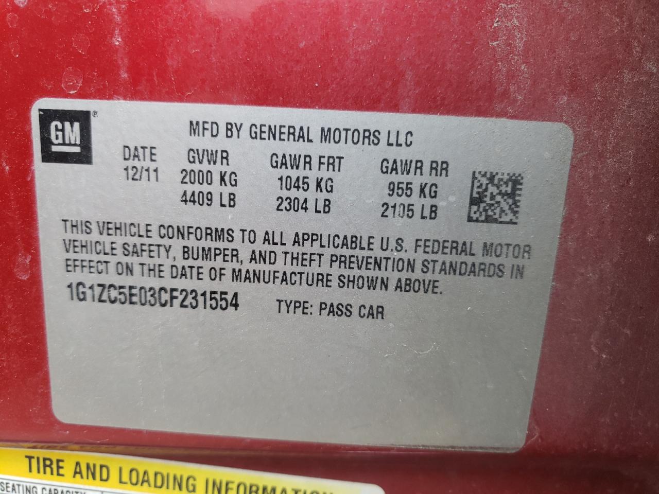 Photo 10 from auction – 2012 CHEVROLET MALIBU 1LT with VIN 1G1ZC5E03CF231554