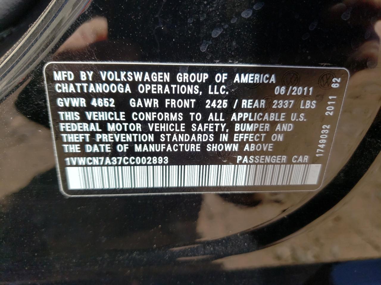 Photo 10 from auction – 2012 VOLKSWAGEN PASSAT SEL with VIN 1VWCN7A37CC002893