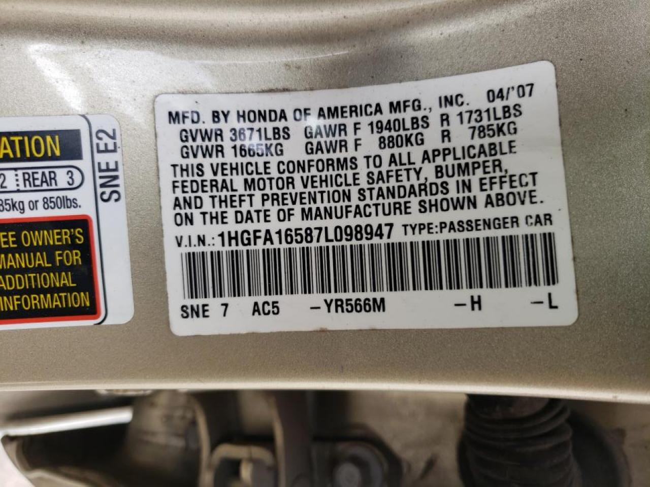 Photo 10 from auction – 2007 HONDA CIVIC LX with VIN 1HGFA16587L098947
