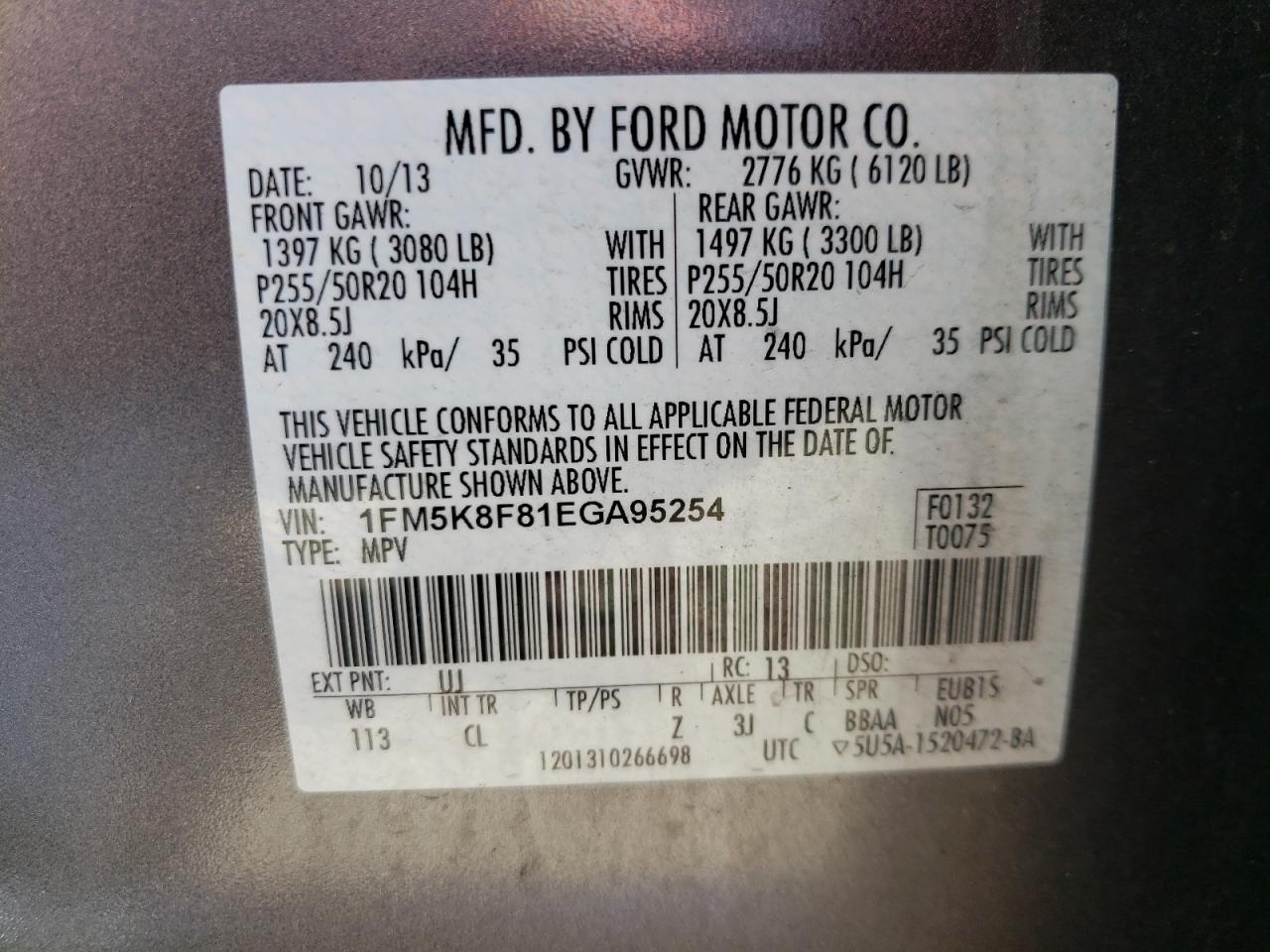 Photo 10 from auction – 2014 FORD EXPLORER L with VIN 1FM5K8F81EGA95254