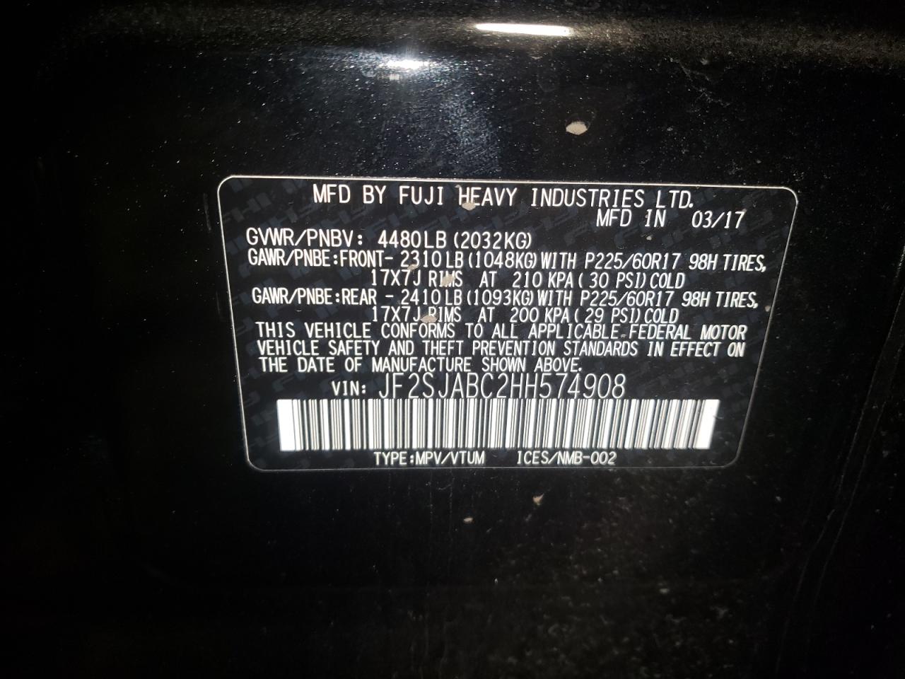 Photo 10 from auction – 2017 SUBARU FORESTER 2 with VIN JF2SJABC2HH574908