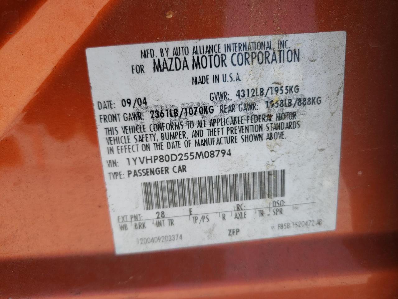 Photo 10 from auction – 2005 MAZDA 6 S with VIN 1YVHP80D255M08794