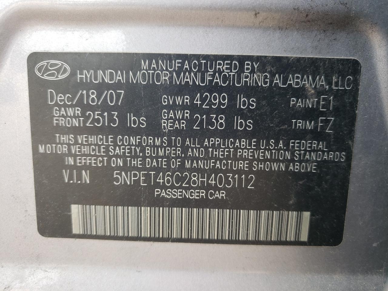 Photo 10 from auction – 2008 HYUNDAI SONATA GLS with VIN 5NPET46C28H403112