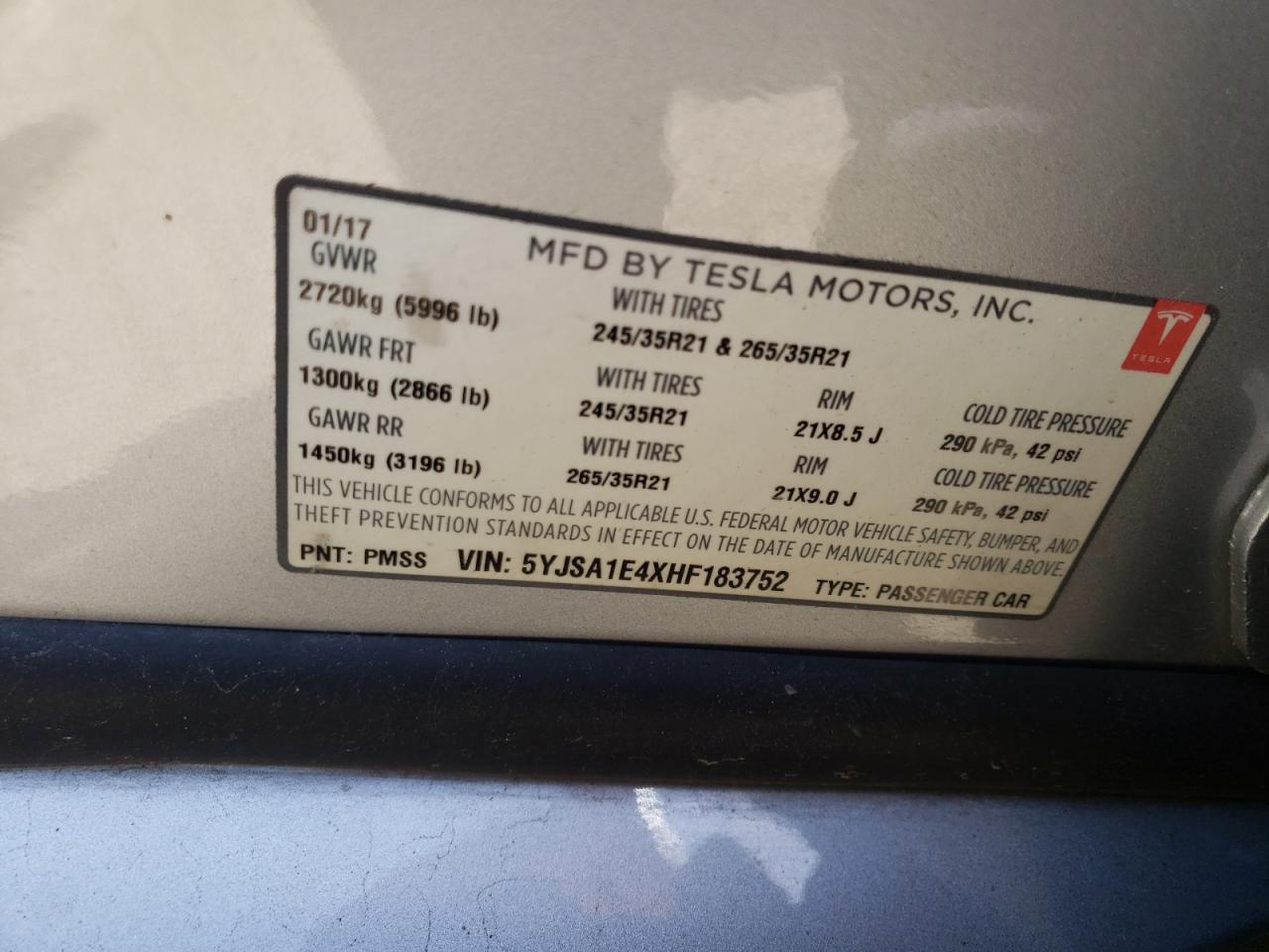 Photo 10 from auction – 2017 TESLA MODEL S with VIN 5YJSA1E4XHF183752
