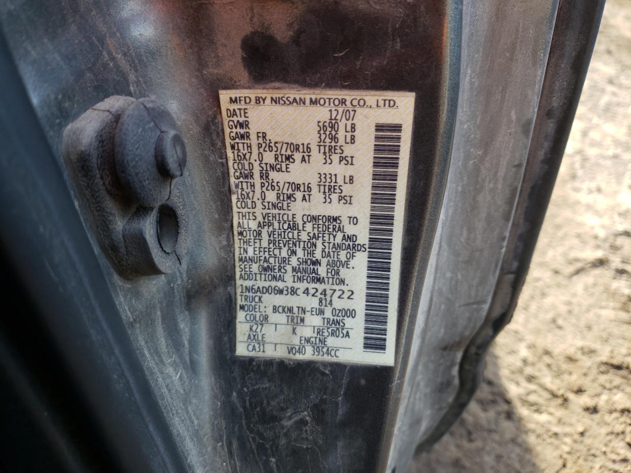 Photo 10 from auction – 2008 NISSAN FRONTIER K with VIN 1N6AD06W38C424722