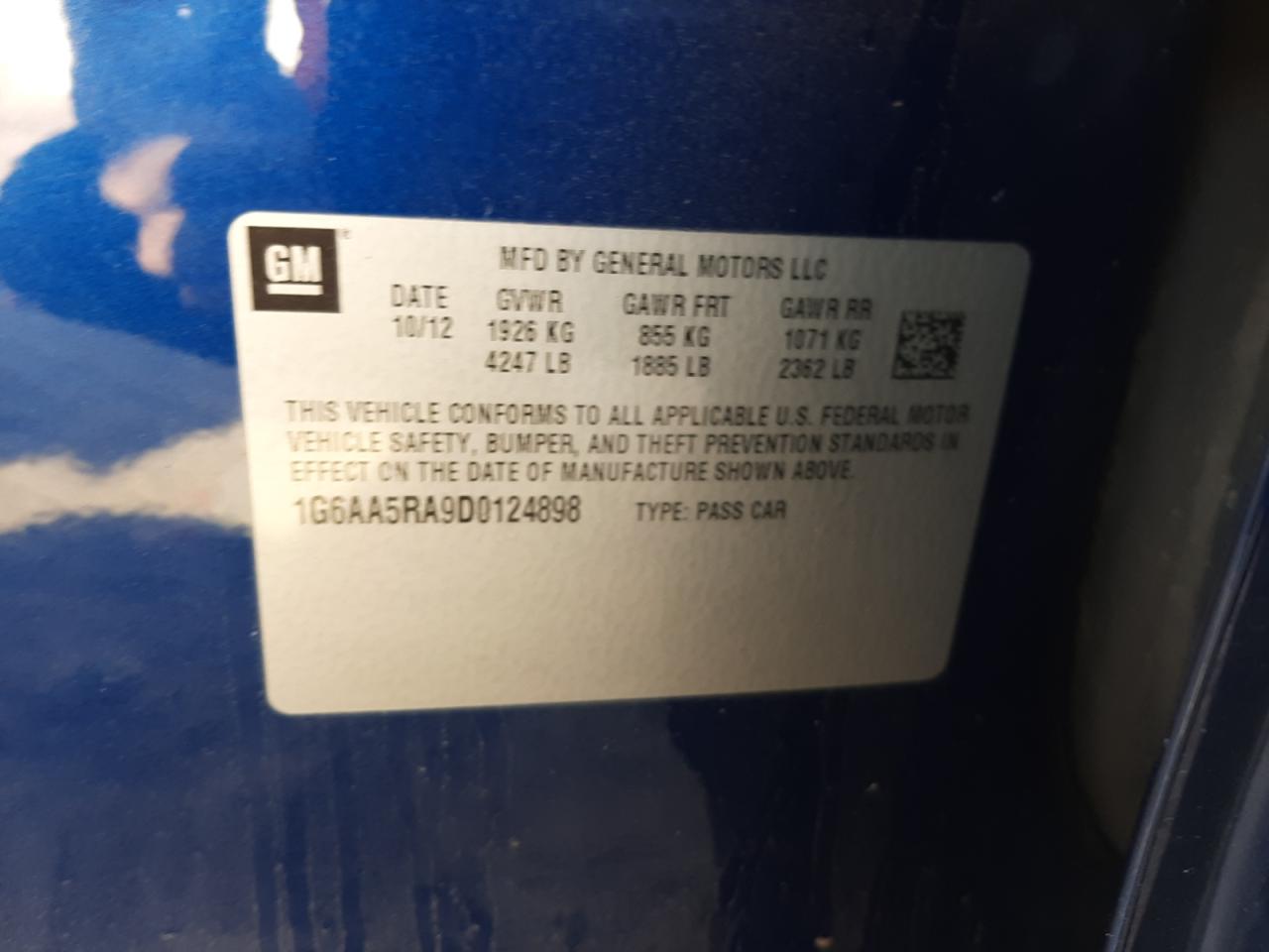Photo 10 from auction – 2013 CADILLAC ATS with VIN 1G6AA5RA9D0124898