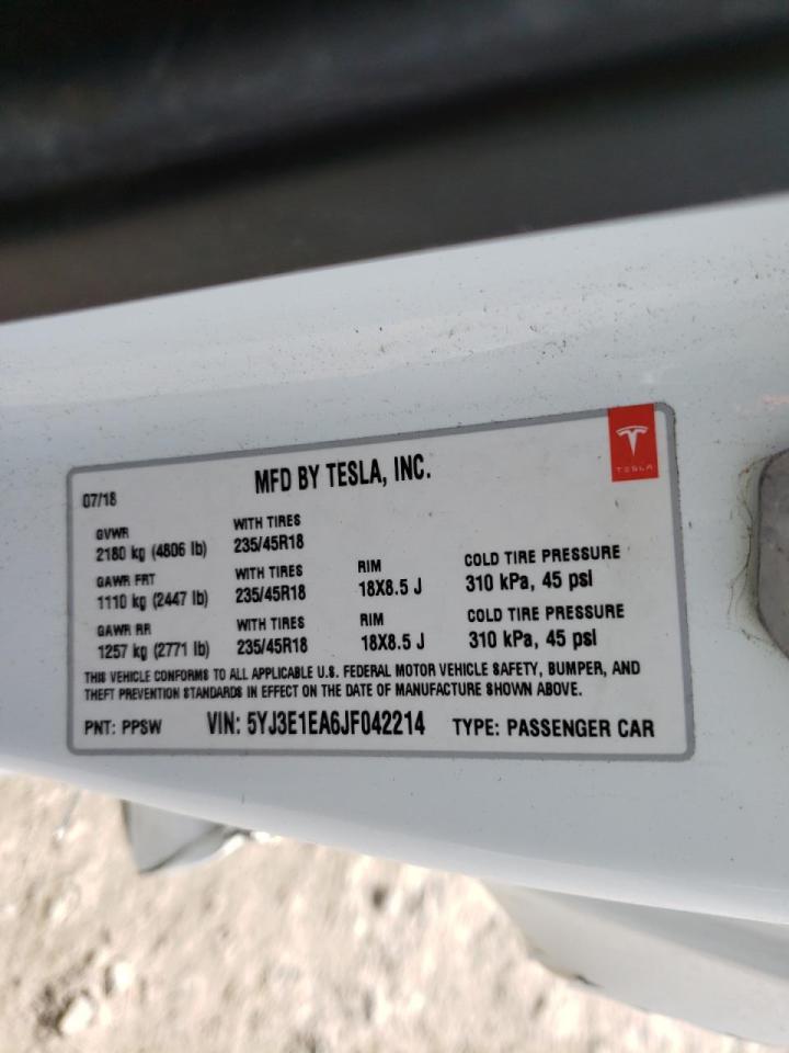 Photo 10 from auction – 2018 TESLA MODEL 3 with VIN 5YJ3E1EA6JF042214