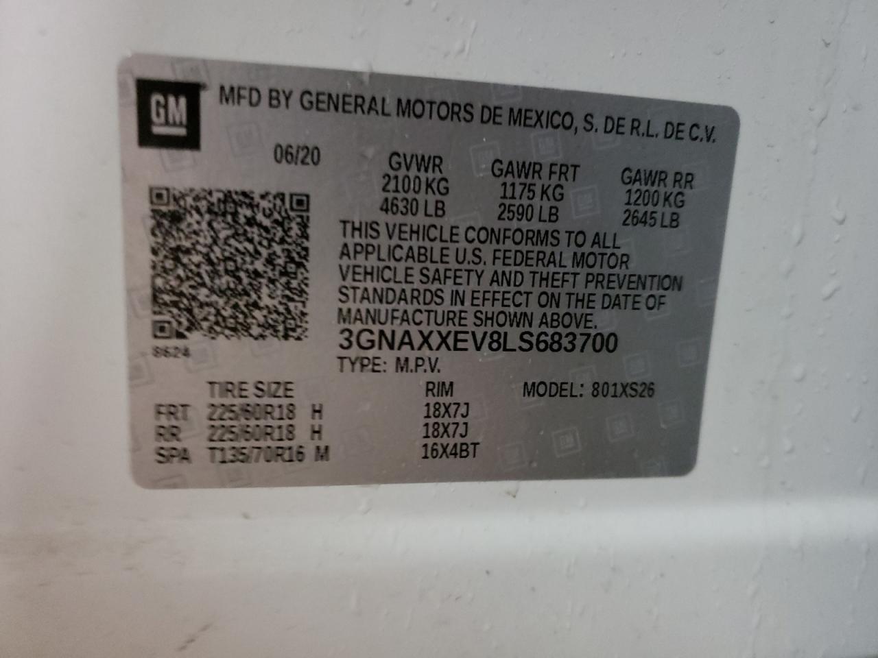 Photo 10 from auction – 2020 CHEVROLET EQUINOX PR with VIN 3GNAXXEV8LS683700