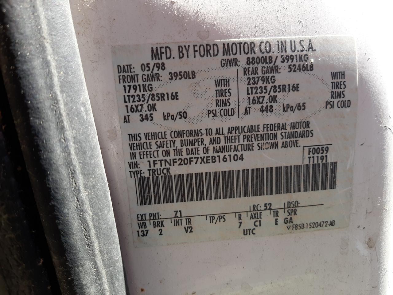 Photo 10 from auction – 1999 FORD F250 SUPER with VIN 1FTNF20F7XEB16104